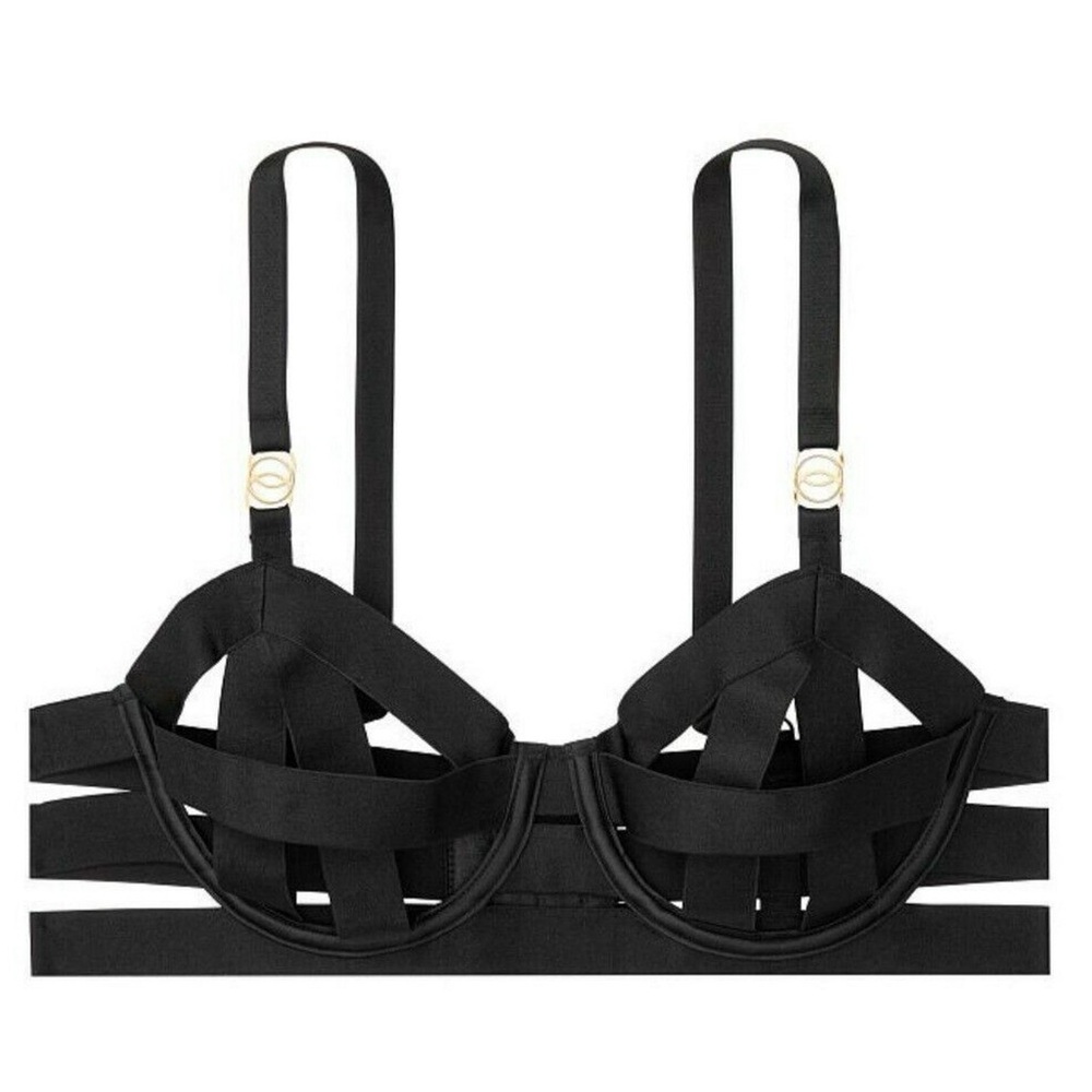 VICTORIA’S SECRET VS Very Sexy Banded Cage Strappy Open Cup Demi Bra 32DD Black - Picture 4 of 8